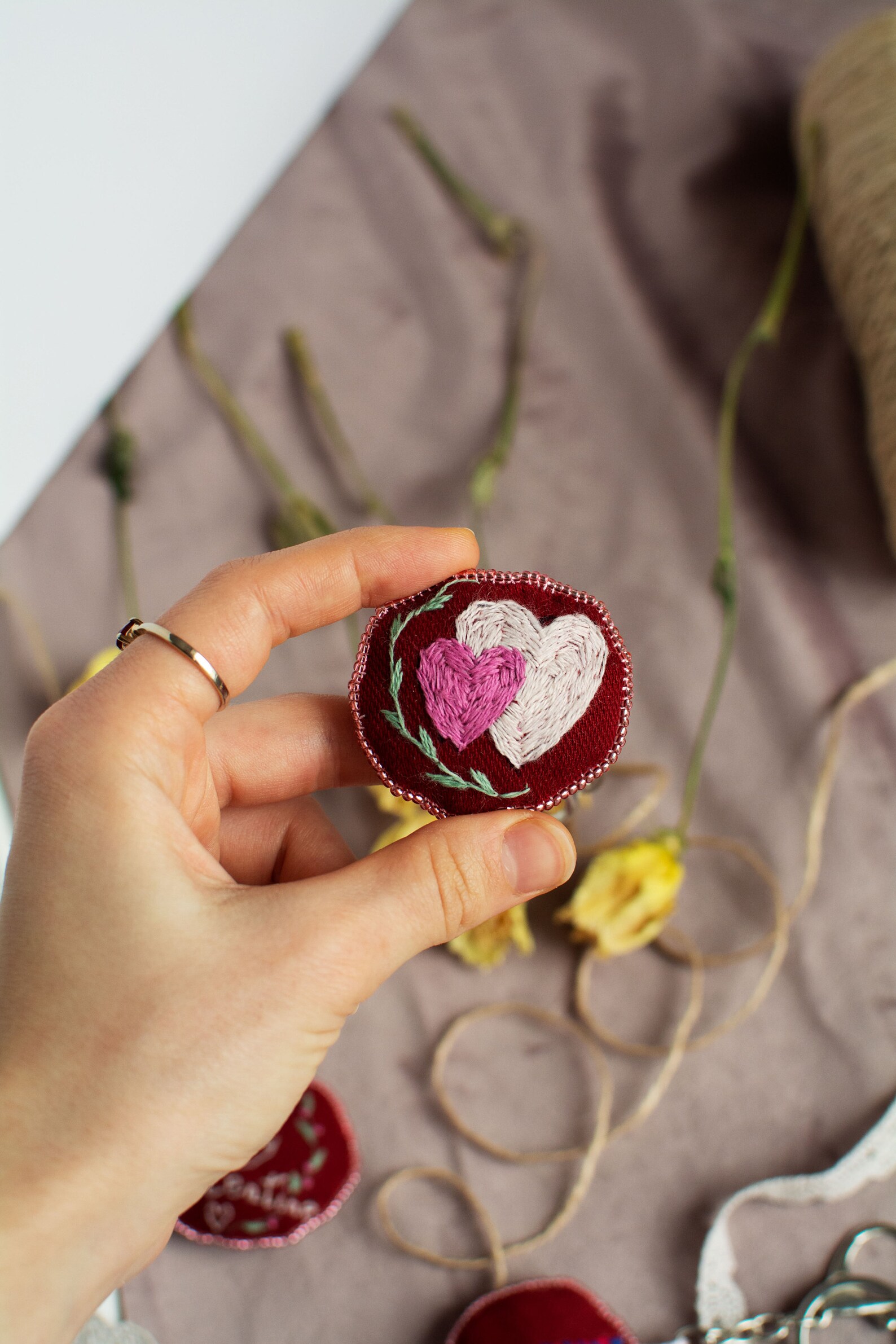 Red Valentines Keychain with Hearts Embrodiery Cute Keychain Etsy
