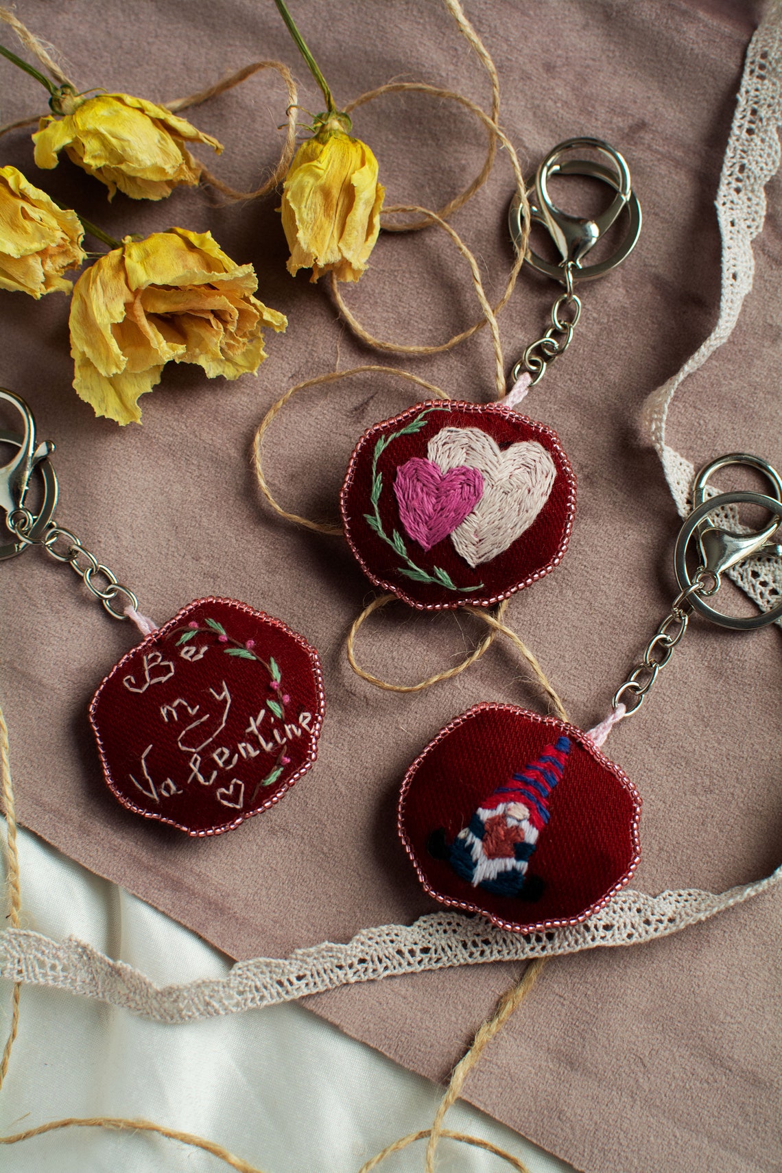Red Valentines Keychain with Hearts Embrodiery Cute Keychain Etsy