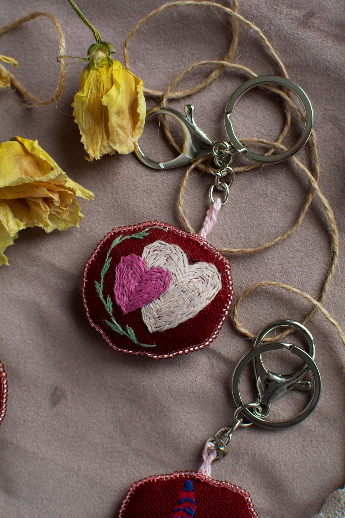 Red Valentines Keychain with Hearts Embrodiery Cute Keychain Etsy