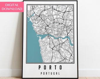 Porto Map Digital Download Print, Portugal City Map Poster, Porto Wall Art