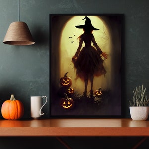 May include: A framed illustration of a witch in a black hat and dress standing in a doorway with glowing jack-o'-lantern pumpkins on the ground.