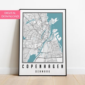 Download digital do mapa de Copenhague, mapa da cidade da Dinamarca, impressão de Copenhague