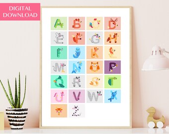 Kids Alphabet Print DIGITAL DOWNLOAD, Nursery Wall Art, Educational Art, ABC Poster