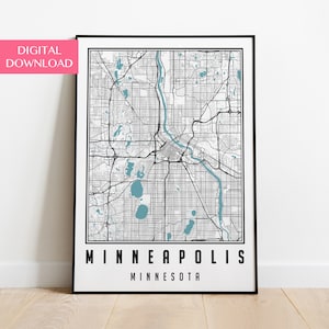 May include: A black and white map of Minneapolis, Minnesota with blue water features. The city name is printed in bold, black letters at the bottom of the map.