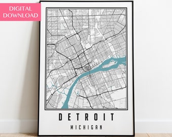 Detroit Map Printable, Michigan Gifts, Detroit Wall Art, Digital Download