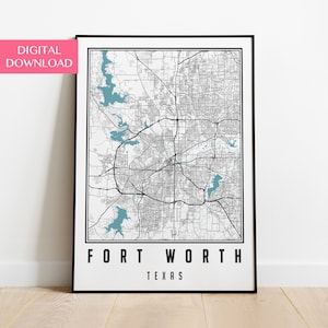 Fort Worth Karte Digitaler Download, Fort Worth Texas Wanddekoration