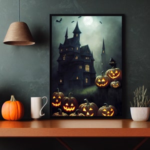 May include: A digital painting of a spooky, dark, gothic castle with glowing windows. The castle is surrounded by jack-o'-lantern pumpkins with carved faces. The moon is full and bright in the night sky.