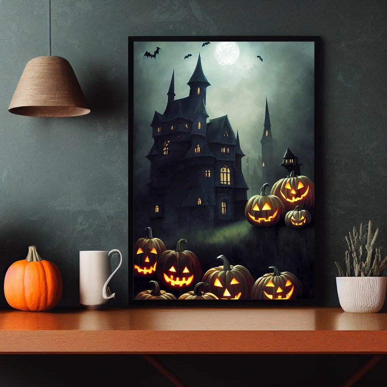 May include: A digital painting of a spooky, dark, gothic castle with glowing windows. The castle is surrounded by jack-o'-lantern pumpkins with carved faces. The moon is full and bright in the night sky.