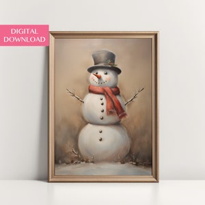 Christmas Wall Art, Vintage Print, Digital Download, Snowman Oil Painting, Winter Decor