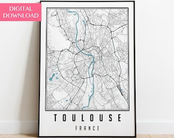 Toulouse Mapa Digital Descargar, Cartel del mapa de la ciudad de Toulouse, Toulouse Imprimir arte de la pared