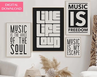 Music Printable Set of 4, Music Digital Download Wall Art, Music Print Gifts