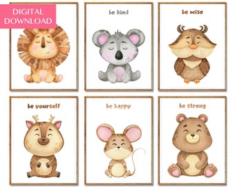 Set di 6 stampe di animali per la cameretta, decorazioni murali per bambini (download digitale)