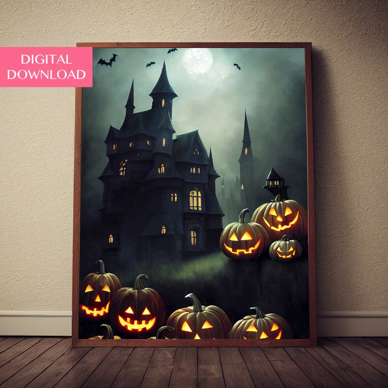May include: A digital illustration of a spooky Halloween scene with a dark, gothic castle in the background and a group of glowing jack-o'-lanterns in the foreground.