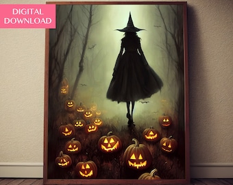 May include: A digital illustration of a witch walking through a foggy forest. She is wearing a black dress and a pointed hat. The path is lined with glowing jack-o'-lanterns.