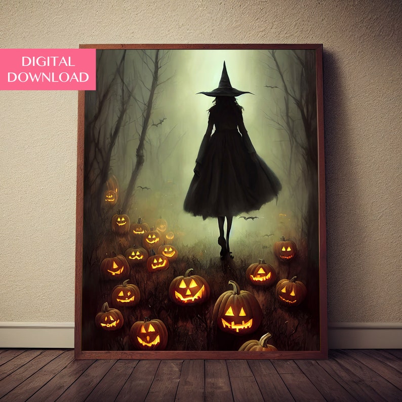 May include: A digital illustration of a witch walking through a misty forest. She is wearing a black dress and a pointed hat. The path is lined with glowing jack-o'-lanterns.