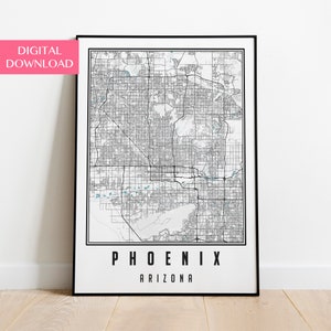 Puede incluir: Un mapa en blanco y negro de Phoenix, Arizona, con el nombre de la ciudad y el estado impresos debajo del mapa.