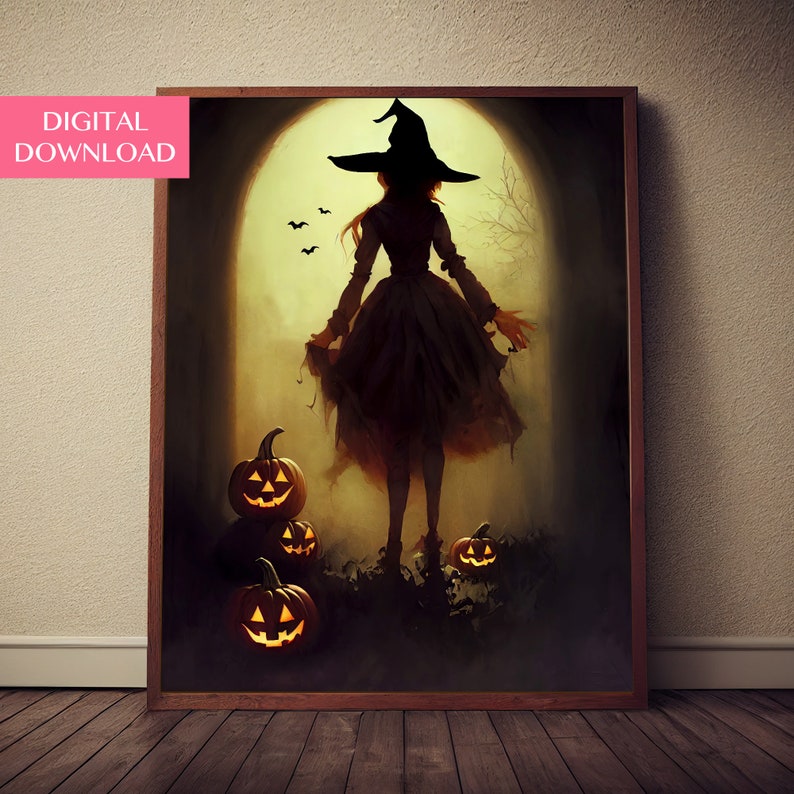 May include: A digital illustration of a witch in a black pointed hat and dress standing in a doorway with a glowing moon behind her. There are four jack-o'-lanterns in the foreground.