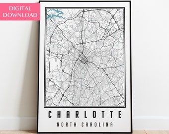 Pobierz cyfrową mapę Charlotte, sztukę ścienną Charlotte, mapę miasta Karoliny Północnej