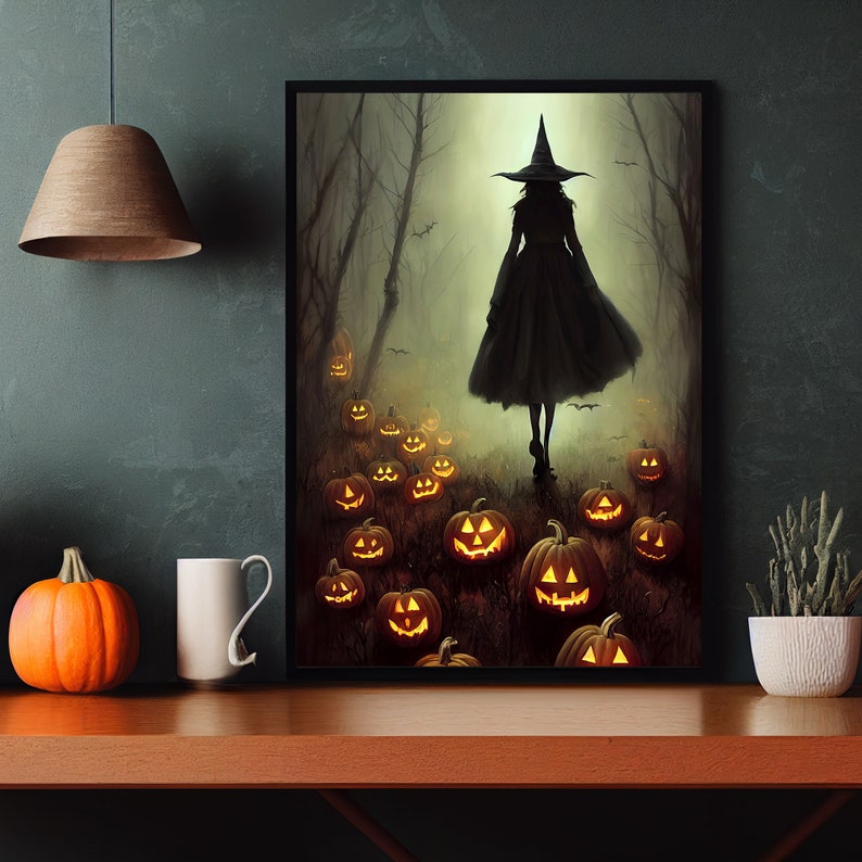 May include: A witch in a black dress and pointed hat walks along a foggy forest path illuminated by glowing jack-o'-lanterns.