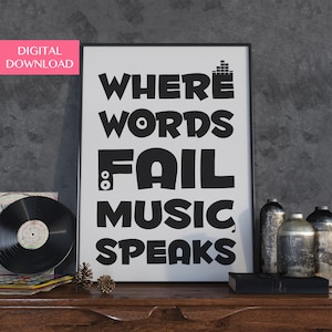 Decoración de la pared de la música, regalo del amante de la música, carteles de la música, impresiones del arte de la pared, donde las palabras fallan la música habla
