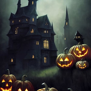 May include: A spooky, dark, and mysterious Halloween scene with a large, ominous, gothic-style house in the background and several carved pumpkins in the foreground. The pumpkins are lit from within, casting a warm glow.