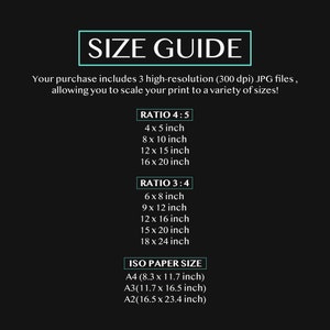 May include: A size guide for printable art, showing different aspect ratios and standard paper sizes. The guide includes dimensions in inches for 4:5, 3:4 ratios, and A4, A3, and A2 paper sizes.