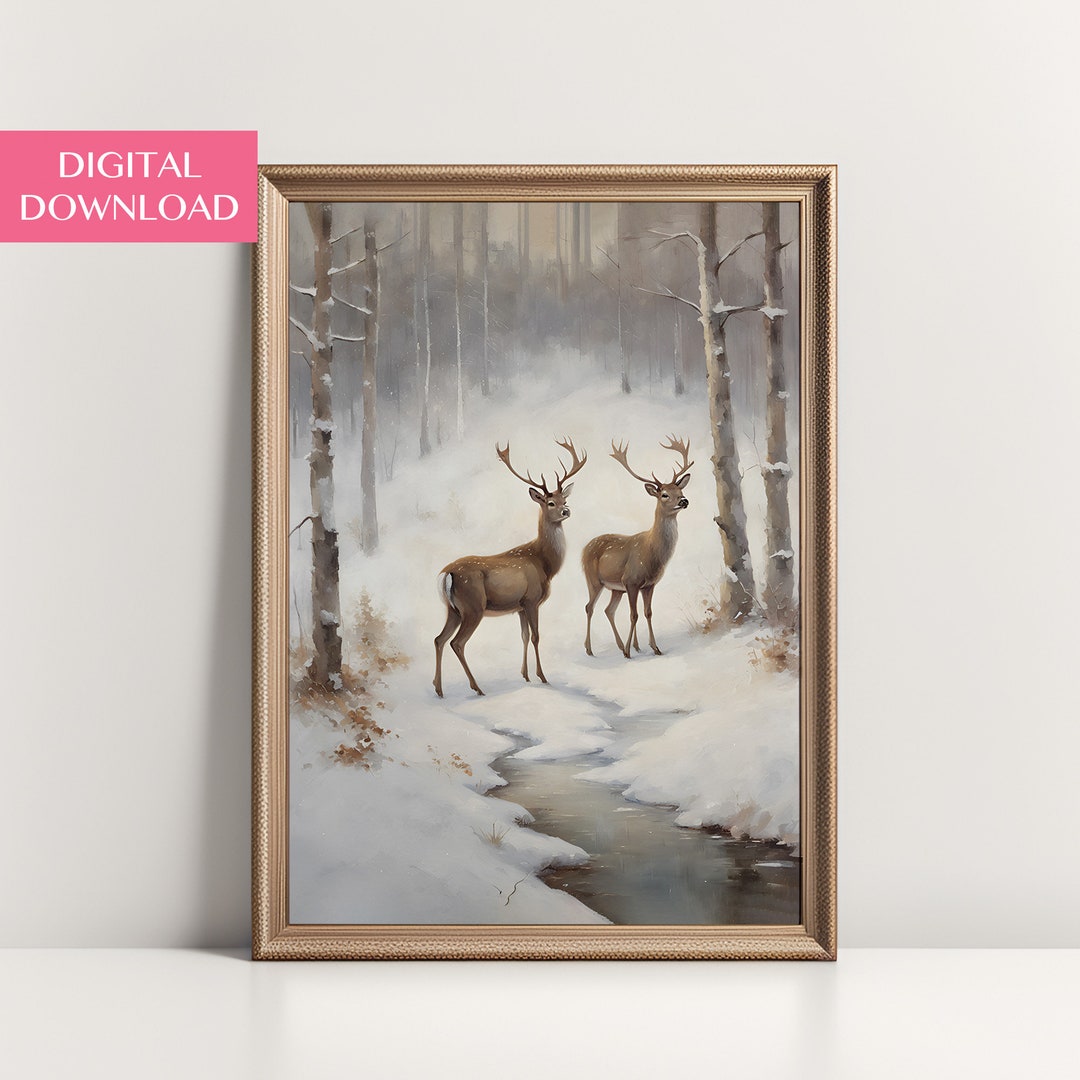 Snowy Forest Oil Painting, Christmas Digital Wall Art, Deer Painting ...