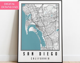 Cyfrowe pobieranie mapy San Diego, wydruk mapy Kalifornii, plakat ścienny San Diego
