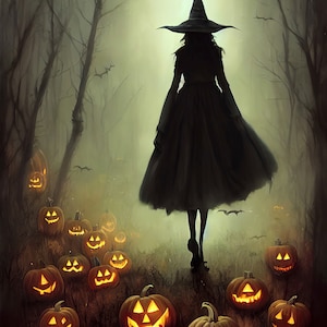 May include: A witch in a black dress and pointed hat walks through a misty forest.  She is surrounded by glowing jack-o'-lanterns.