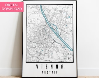 Wenen Kaart Digitale Download Poster, Oostenrijk Stadsplattegrond Wall Art, Wenen Print