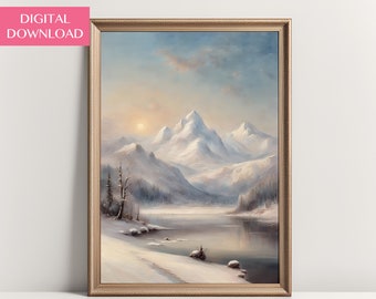 Winter Wall Art, Frozen Lake Painting, Digital Download, Snowy Landscape Oil Painting