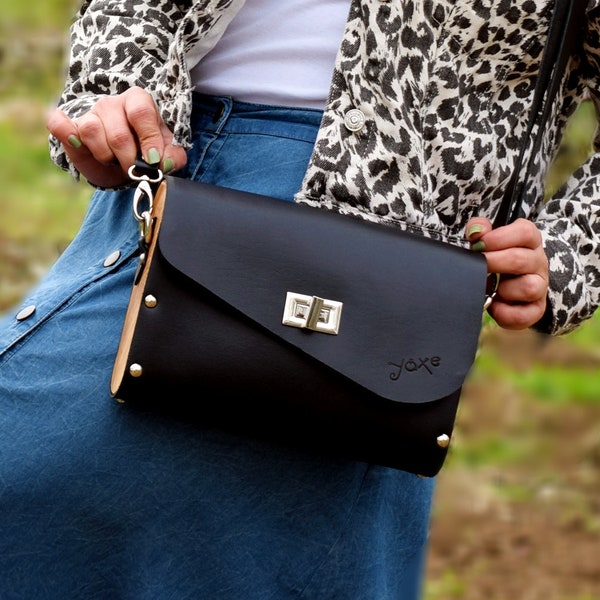 Black wood leather bag or Leather wood clutch bag, Handcrafted bag crossbody shoulder clutch, Personalized shoulder bag gift for her