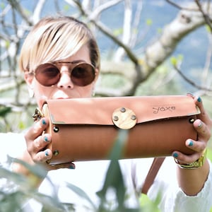Handcrafted Cylindrical Leather Crossbody Bag | Olive Wood & Italian Vachetta | Elegant Boho Purse