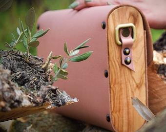 Handcrafted Pink Leather & Wood Crossbody Clutch - Elegant Small Everyday Purse for Women