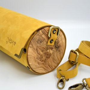 Handcrafted Yellow Leather Cylinder Barrel Bag with Olive Wood - Elegant Minimal Crossbody Accessory for Women