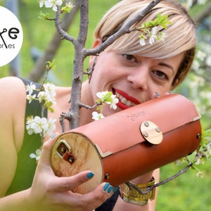 Handcrafted Brown Leather Cylinder Bag with Olive Wood - Durable Italian Vachetta Barrel Purse for Women
