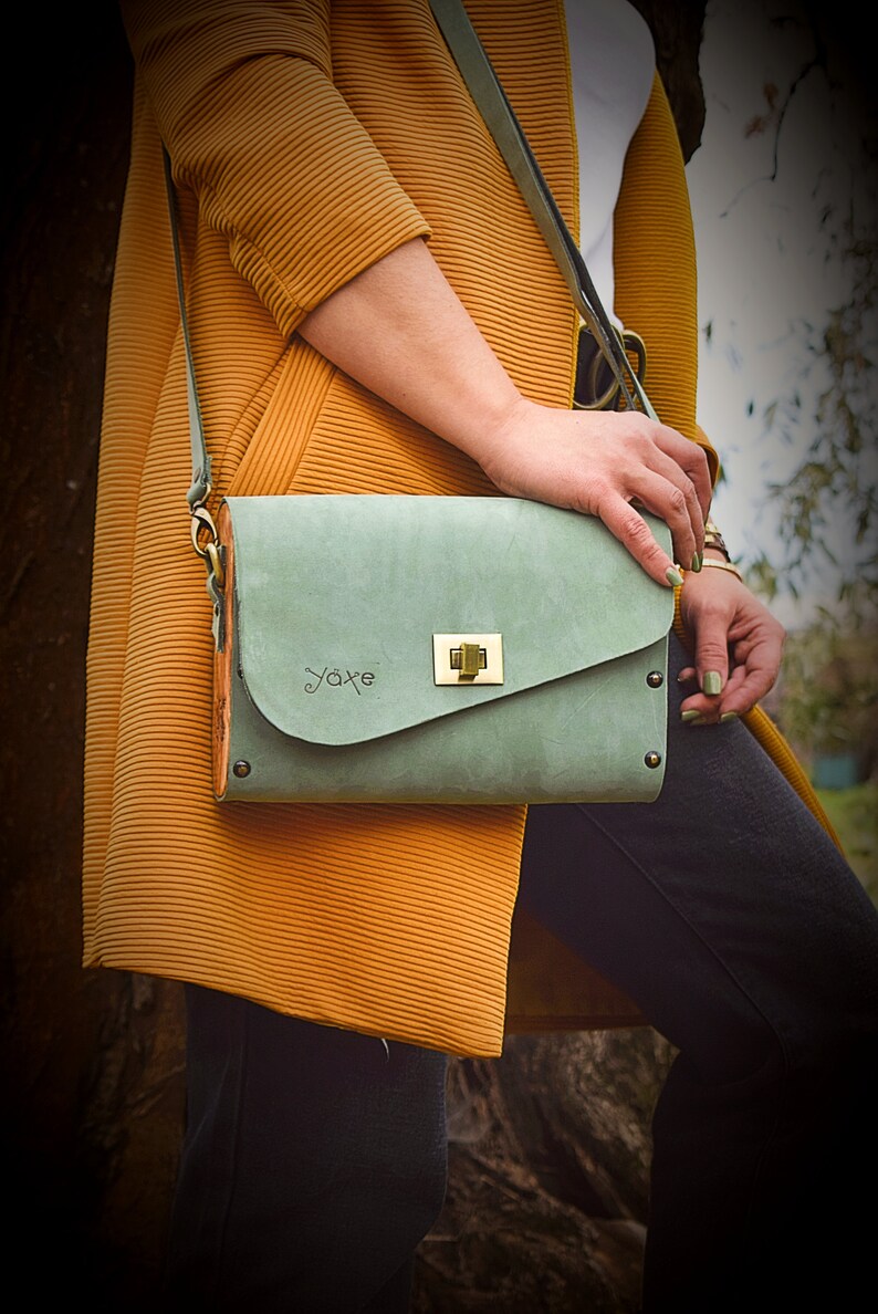 Mint Color Bag Wooden Leather Bag Women. Handcrafted Bag Etsy