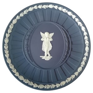 Cherub Pallas plate - Wedgwood Portland Blue jasperware - playing pipes