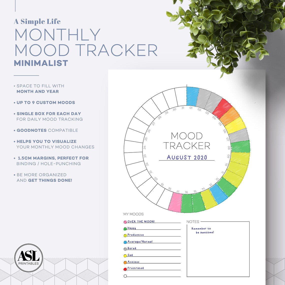 Minimalist Monthly Mood Tracker Insert - Portrait Digital Undated PDF ...