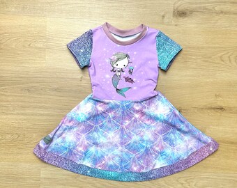 summer dress for little mermaids, short sleeve, with twirl skirt, glitter look