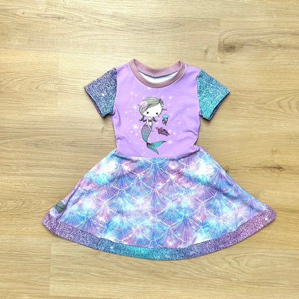 sommerliches Kleid für kleine Meerjungfrauen, kurzarm, mit Drehrock, Glitzeroptik