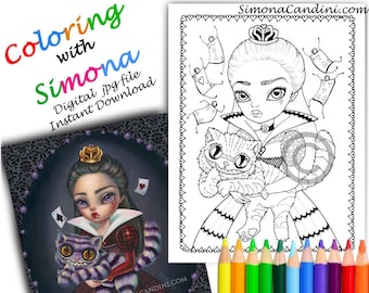 Red Queen COLORING PAGE Digi STAMP Instant Download jpg file from the Art of Simona CandinCheshire cat Alice in wonderland