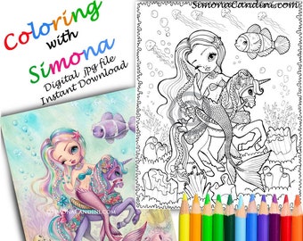 Deep Sea Beauties COLORING PAGE Digi STAMP Printable Digital Instant Download jpg file Simona Candini Art - Mermaid, Mermay Unicorn, fantasy