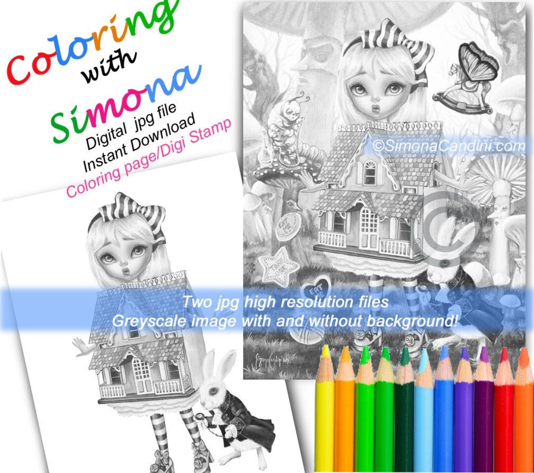 Alice White Rabbit House COLORING PAGE Digi STAMP Greyscale Printable