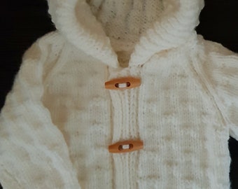 VIntage style Hand Knitted thick, warm Aran knit hooded Cardigan with wooden toggles Baby/ toddler