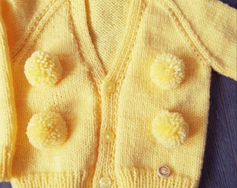 Handknitted unisex Pompom cardigan . Yellow Easter Gift