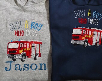 Toddler Boys Unique Embroidered Fire Engine Personalised Hoodie Birthday /Christmas gift for Son Grandson Nephew Brother