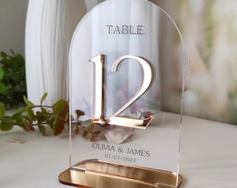 Personalized Acrylic Arch Table Numbers, Gold Mirror Wedding Decor, Transparent Modern Custom Table Sign