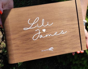 Personalized Wooden Wedding Guest Book, Photo Album Scrapbook, Book with Gold letters