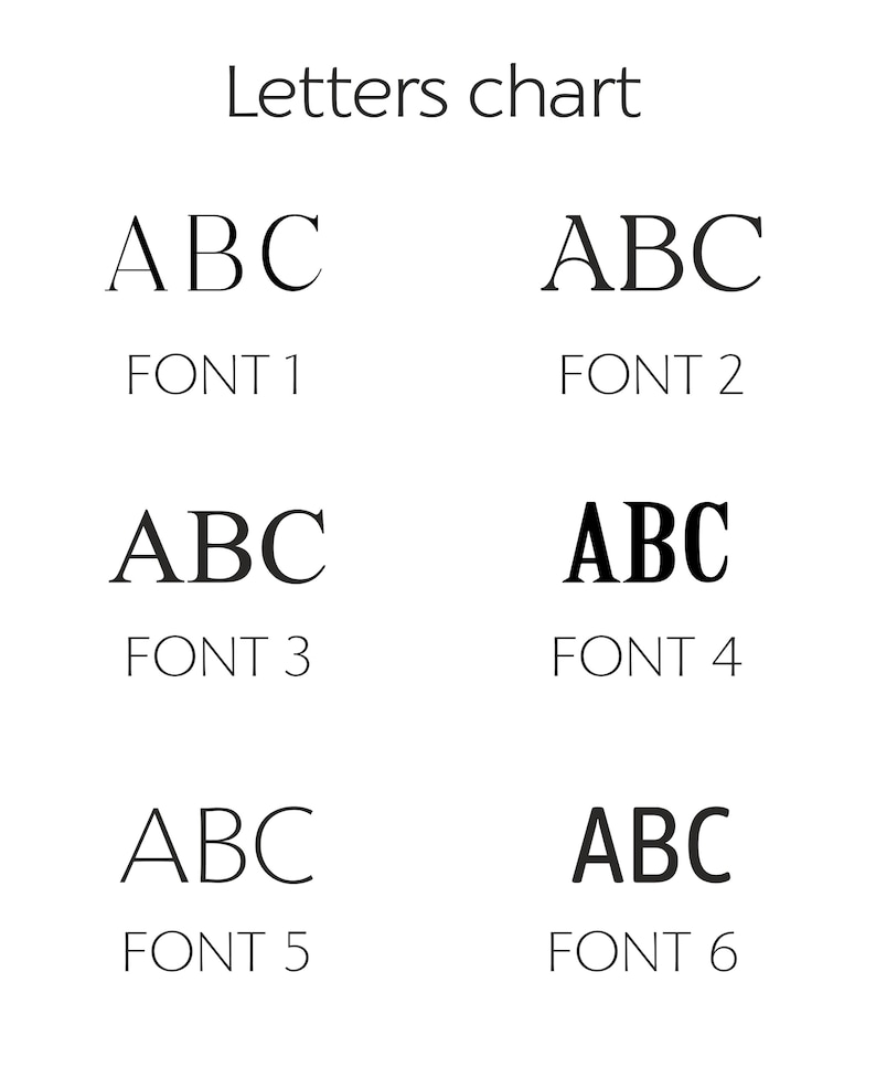May include: A white background presents a "Letters chart" with six font examples. Each font is shown with the letters "ABC" and labelled "FONT" followed by a number. This chart provides a clear comparison of various typography styles for design purposes.